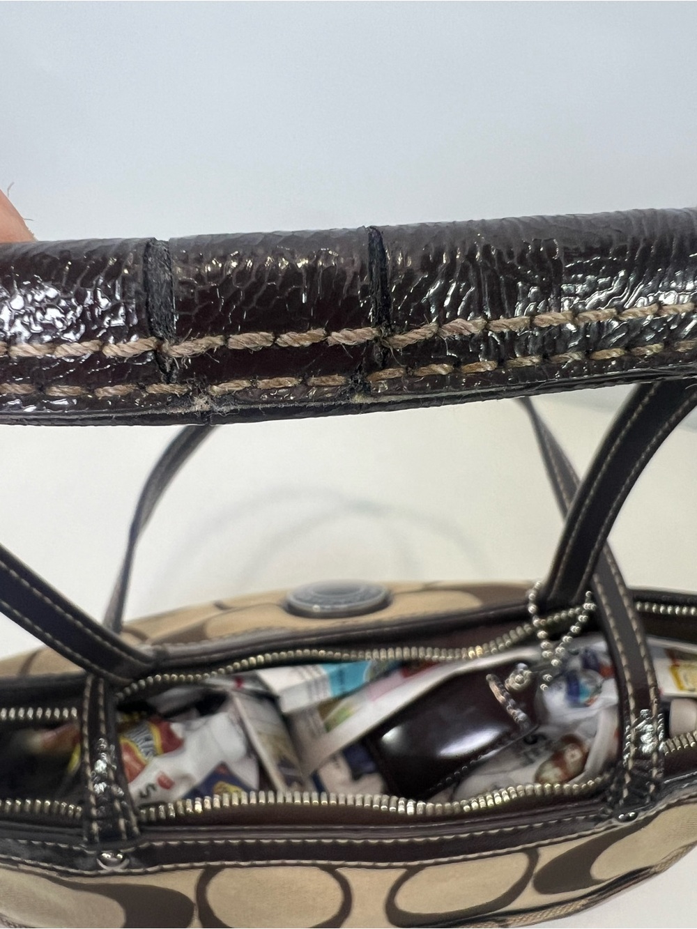 COACH Y2K Signature Canvas W Leather Stripe Tote Bag Purse Brown F19046 - Picture 4 of 13